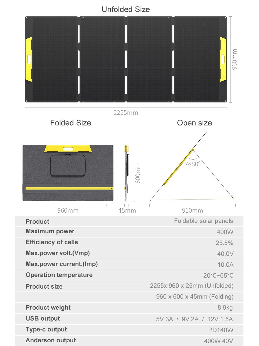 HX-FB-400m 400W Quad-Fold Bifacial Portable Solar Panel