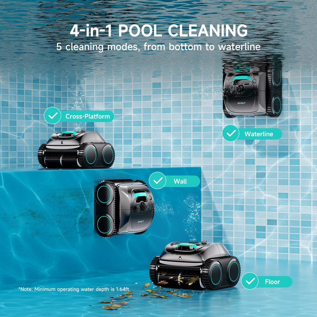 WYBOT C1 (2026) cleaning the pool floor, walls, waterline and platform areas